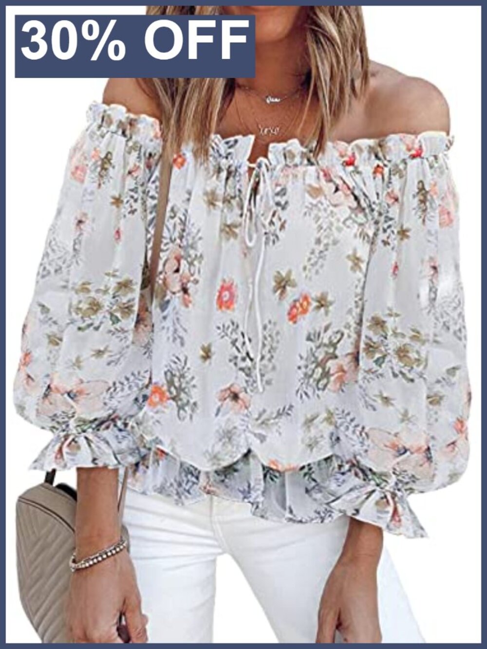 Off Shoulder Ruffle Sleeve Blouse Top 3/4 Sleeve Women's Floral